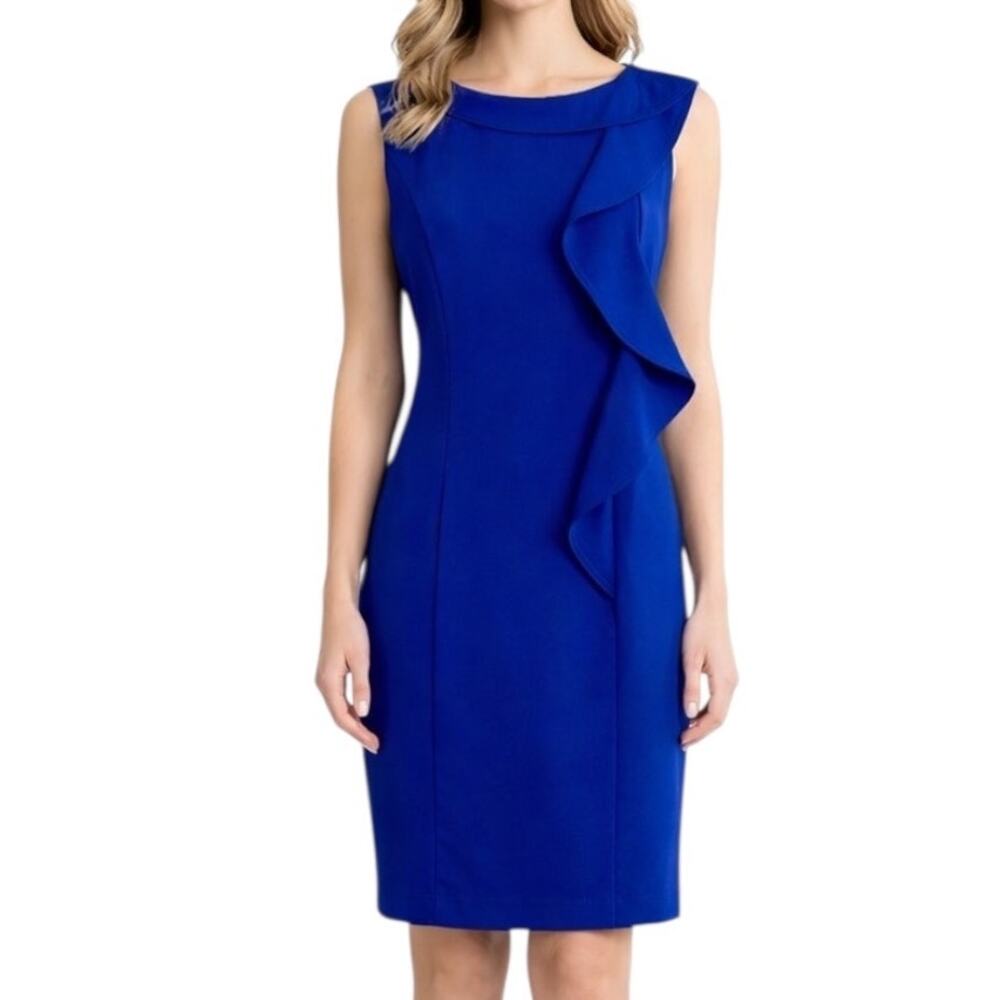 Calvin Klein NWT Royal Blue Sheath Dress Size 8 Ruffle Sleeveless Career Elegant